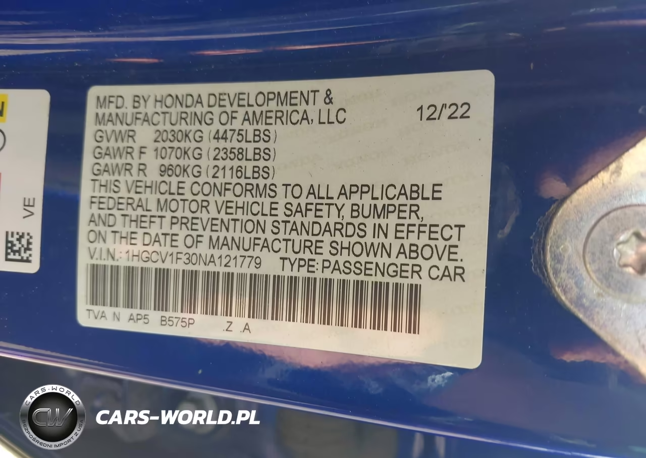 2022 Honda Accord Sport VIN:1HGCV1F30NA121779 - 9