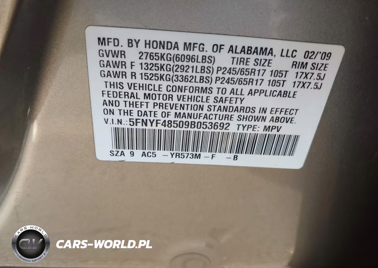 2009 Honda Pilot Ex-L VIN:5FNYF48509B053692 - 9