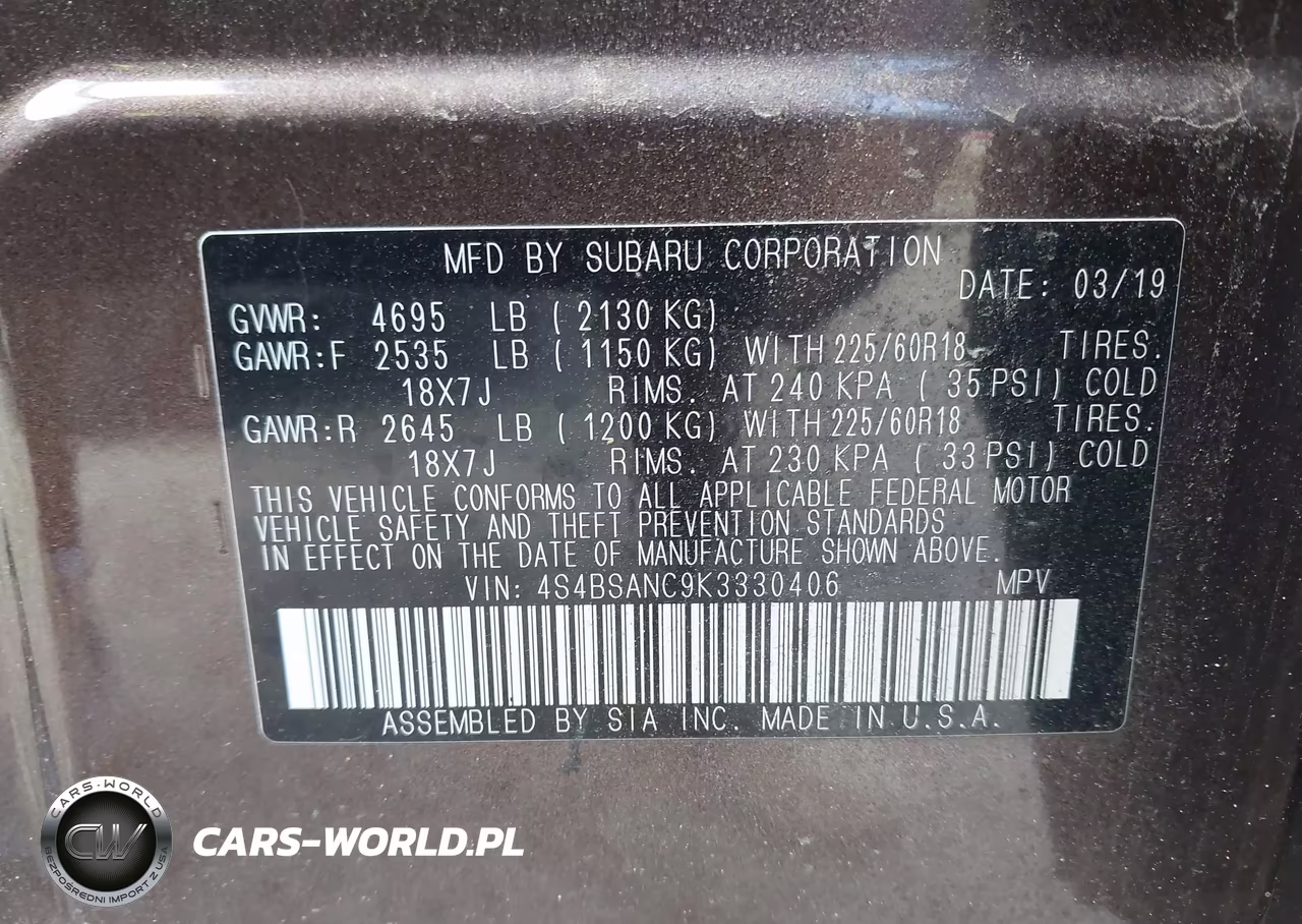2019 Subaru Outback 2.5I Limited VIN:4S4BSANC9K3330406 - 9