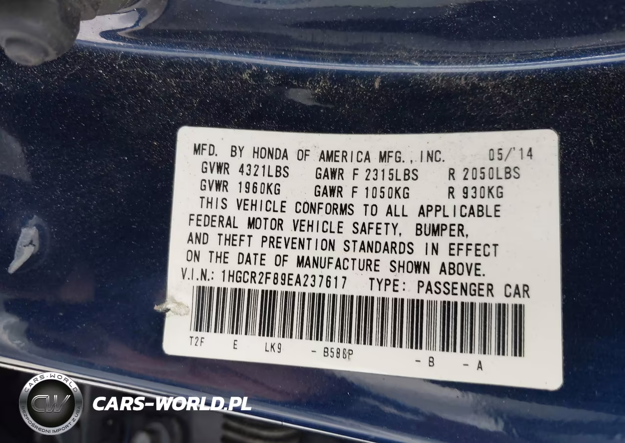2014 Honda Accord Ex-L VIN:1HGCR2F89EA237617 - 9