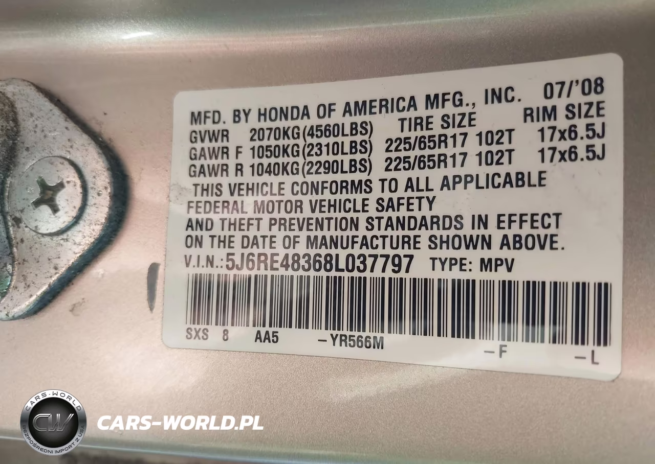 2008 Honda Cr-V Lx VIN:5J6RE48368L037797 - 9
