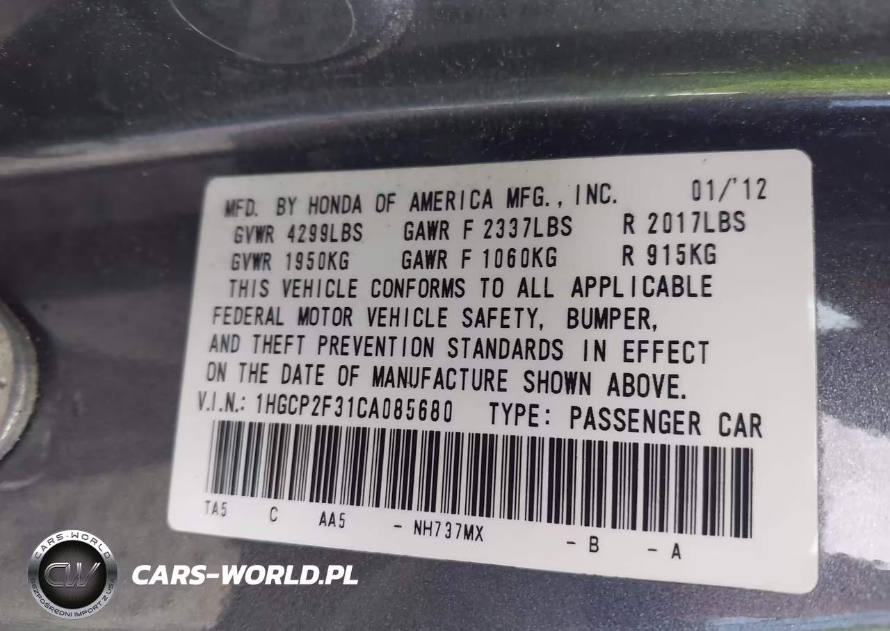 2012 Honda Accord 2.4 Lx VIN:1HGCP2F31CA085680 - 9