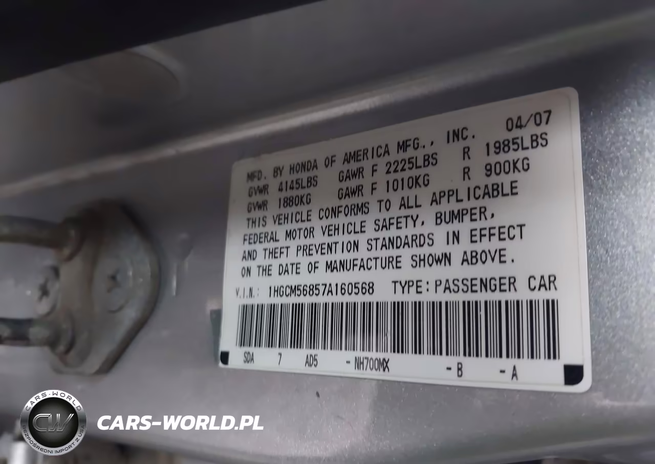 2007 Honda Accord 2.4 Ex VIN:1HGCM56857A160568 - 9