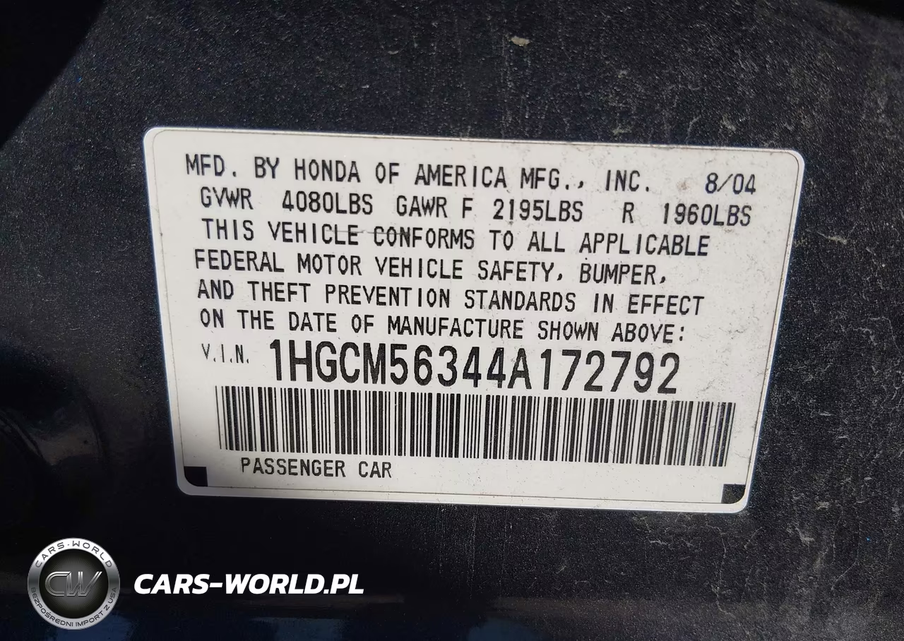 2004 Honda Accord 2.4 Lx VIN:1HGCM56344A172792 - 9