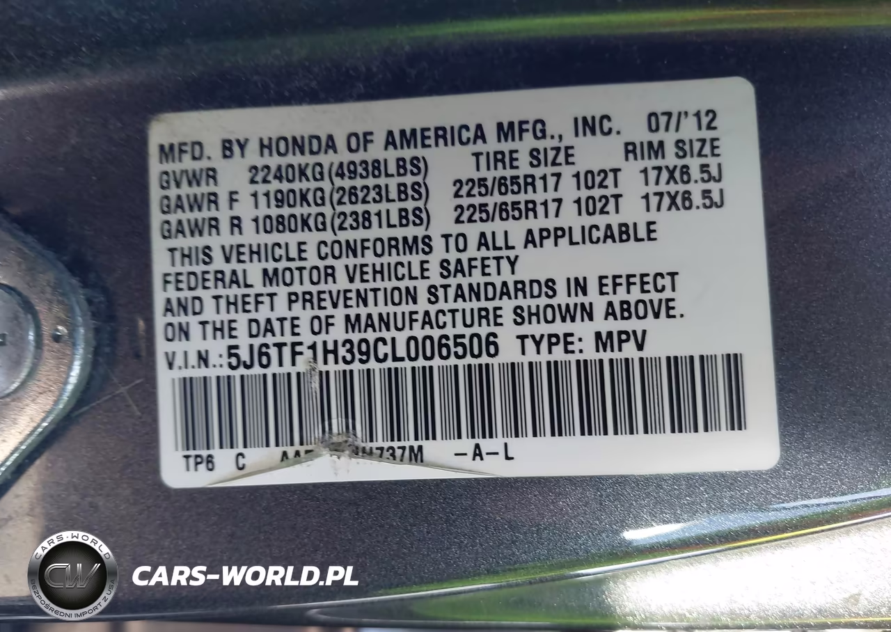 2012 Honda Crosstour Ex VIN:5J6TF1H39CL006506 - 9
