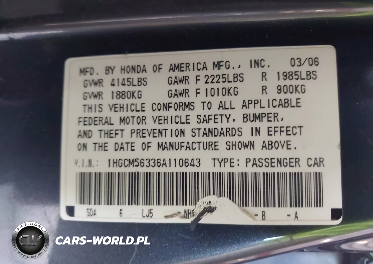 2006 Honda Accord 2.4 Se VIN:1HGCM56336A110643 - 9