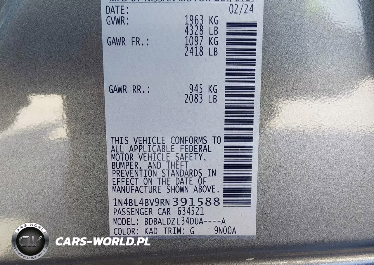 2024 Nissan Altima S Fwd VIN:1N4BL4BV9RN391588 - 9
