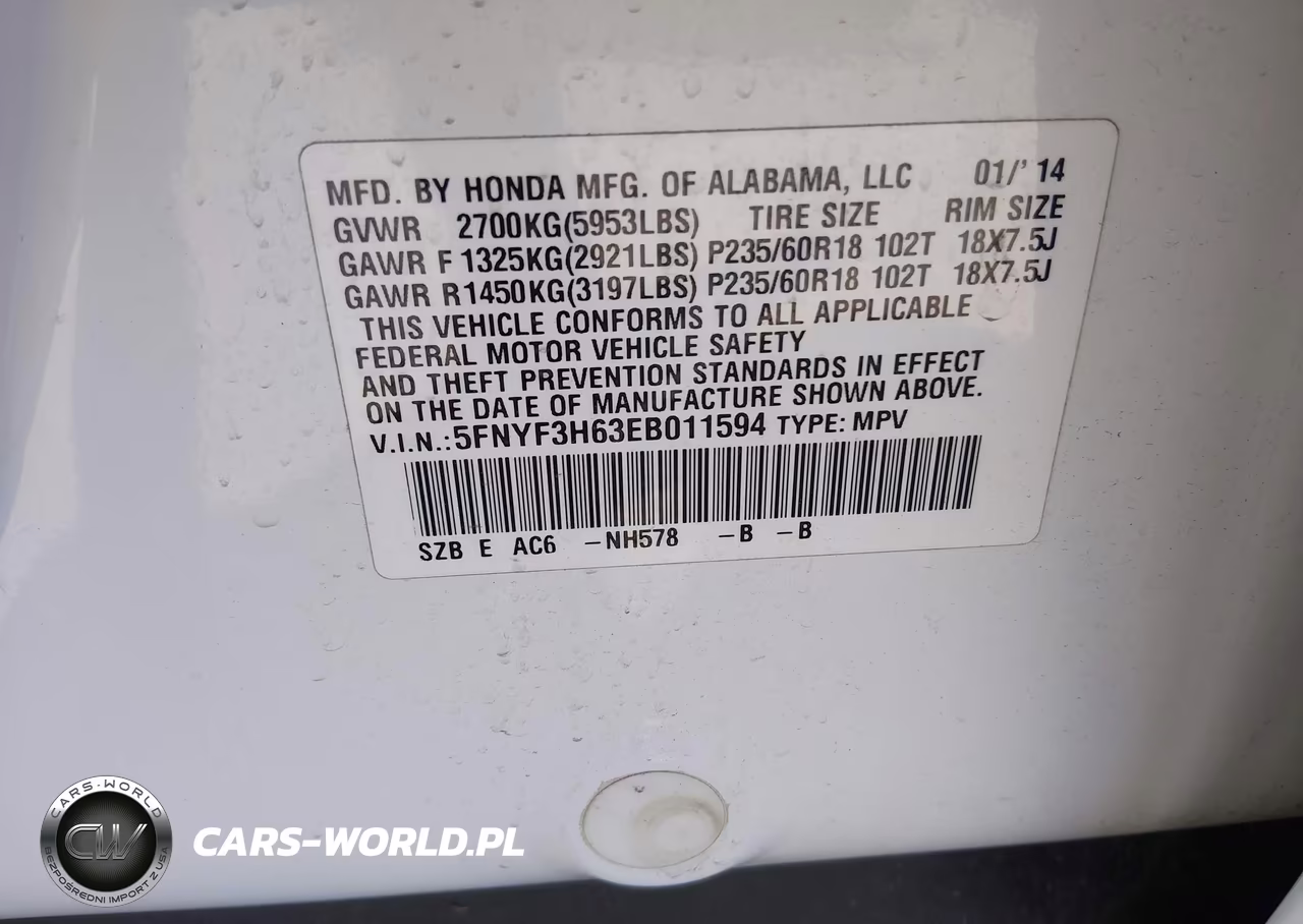 2014 Honda Pilot Ex-L VIN:5FNYF3H63EB011594 - 9