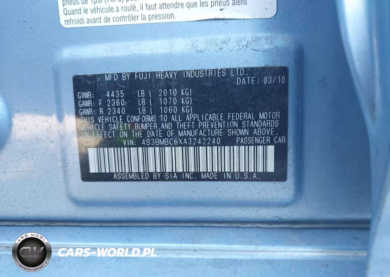2010 Subaru Legacy 2.5I Premium VIN:4S3BMBC6XA3242240 - 9