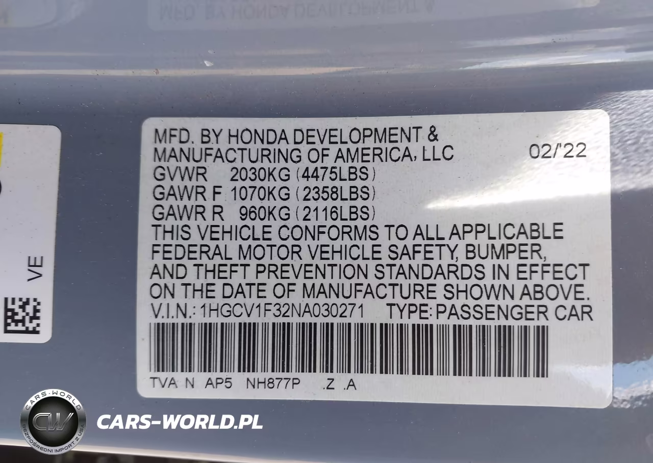 2022 Honda Accord Sport VIN:1HGCV1F32NA030271 - 9