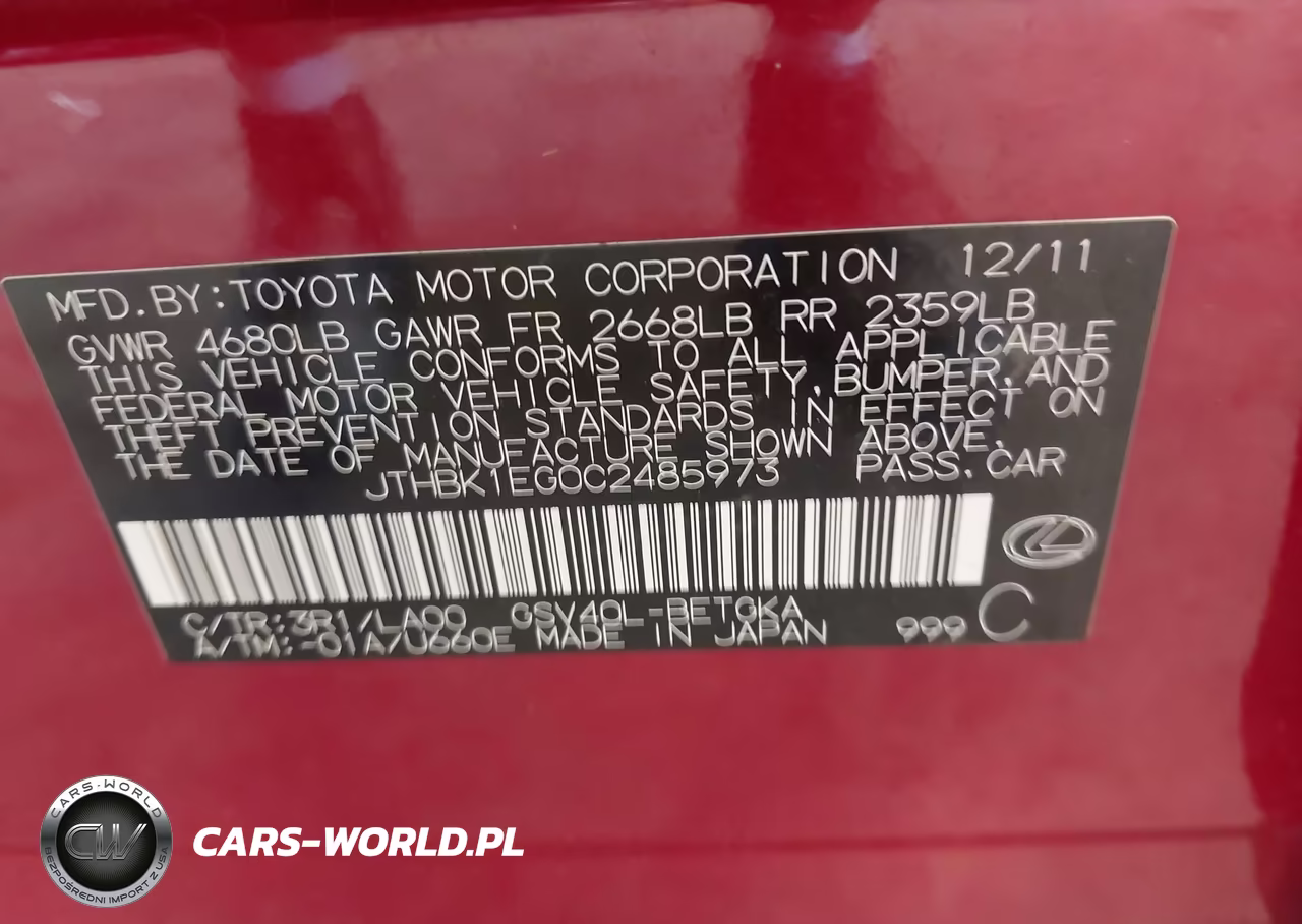 2012 Lexus Es 350 VIN:JTHBK1EG0C2485973 - 9