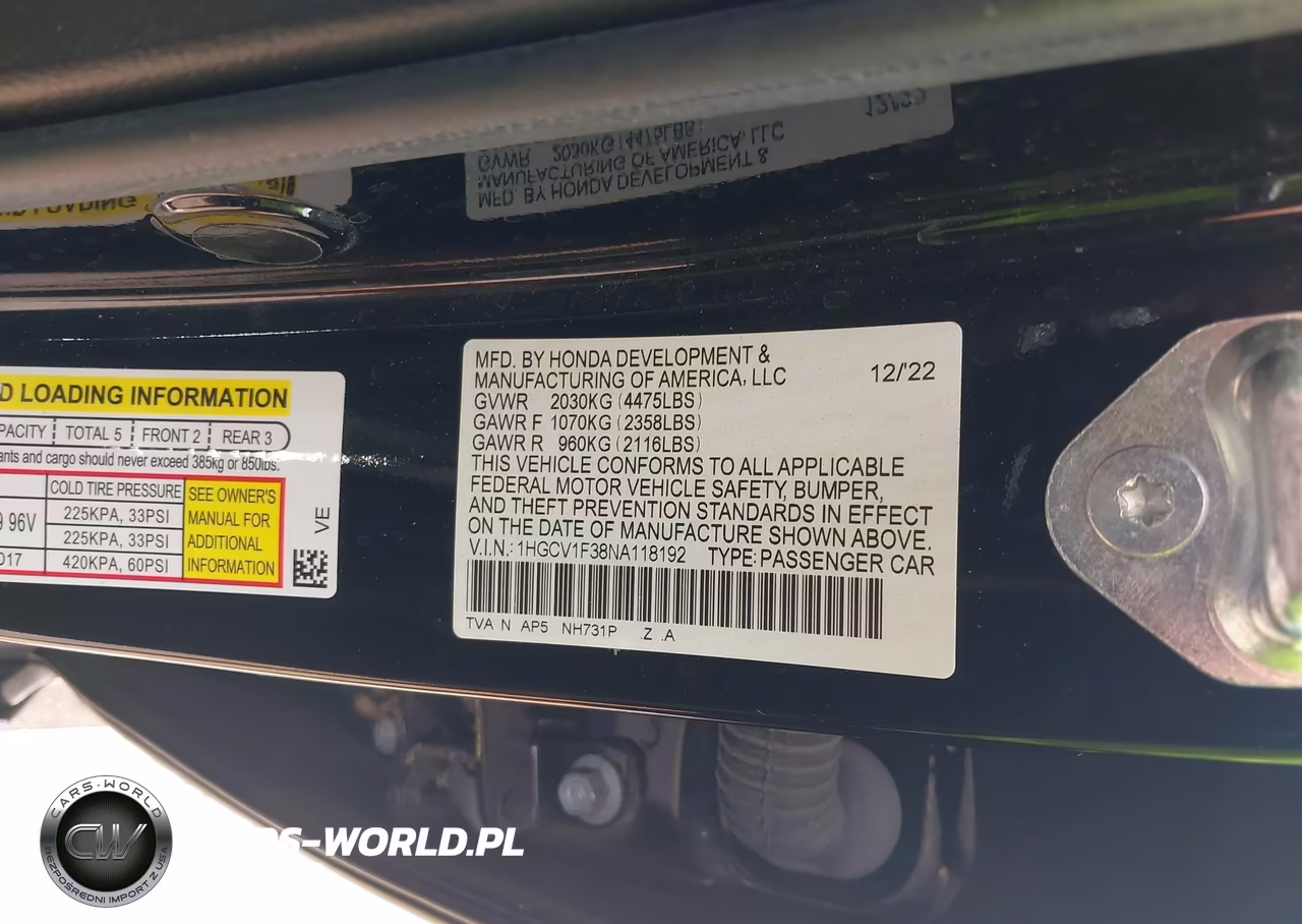 2022 Honda Accord Sport VIN:1HGCV1F38NA118192 - 9