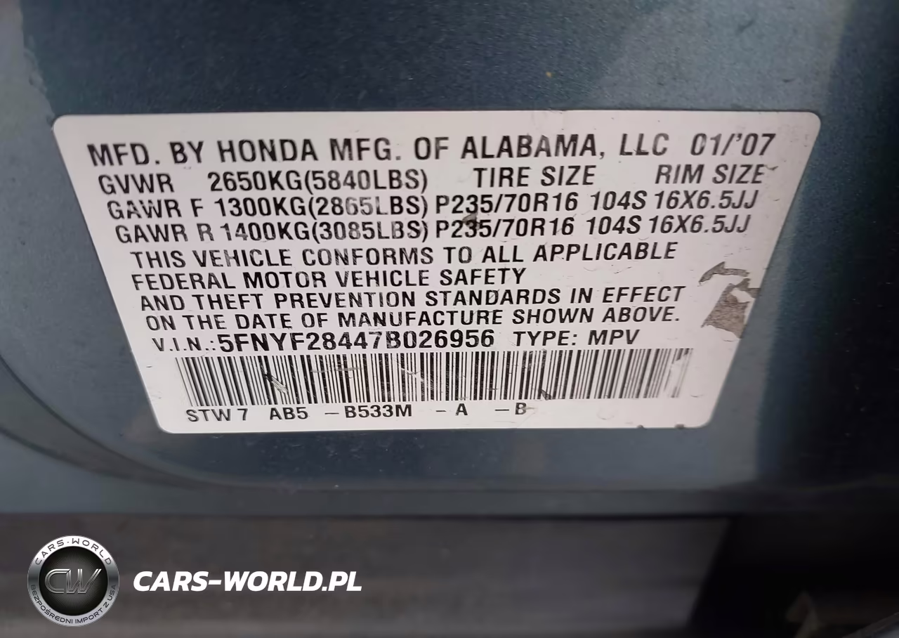 2007 Honda Pilot Ex VIN:5FNYF28447B026956 - 9