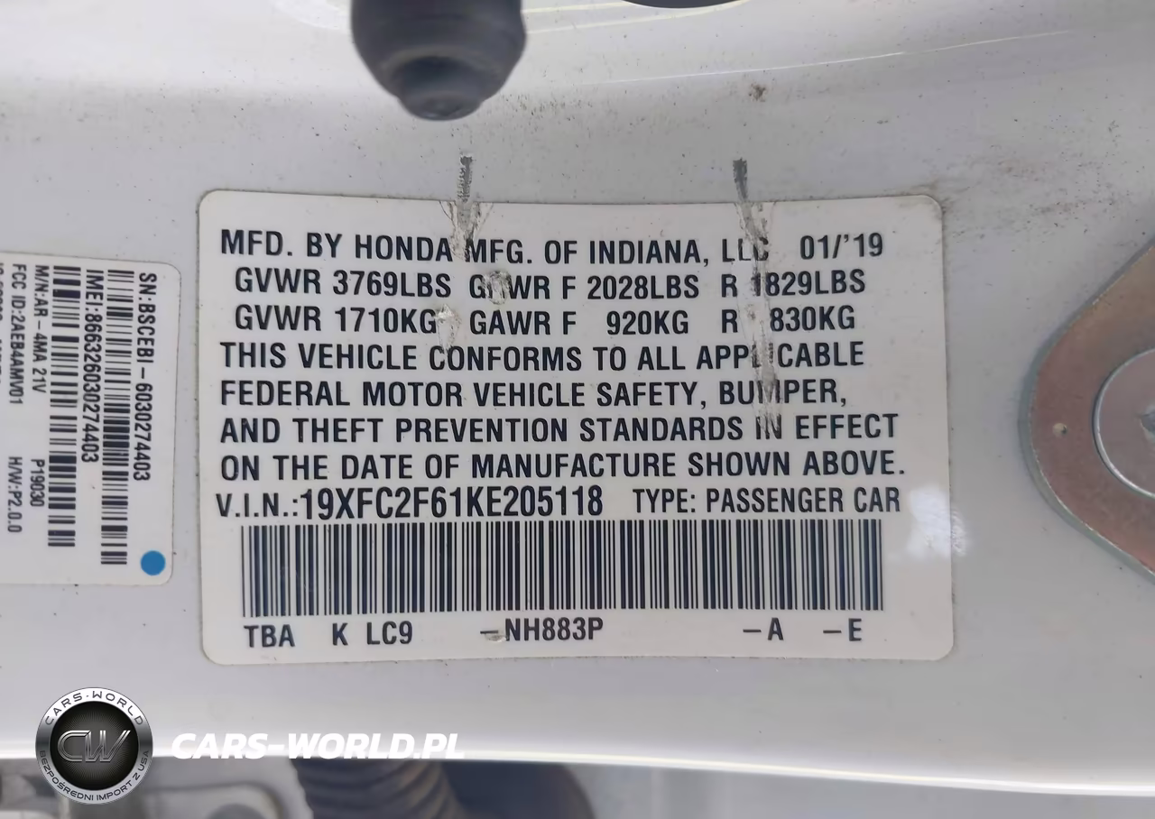 2019 Honda Civic Lx VIN:19XFC2F61KE205118 - 9