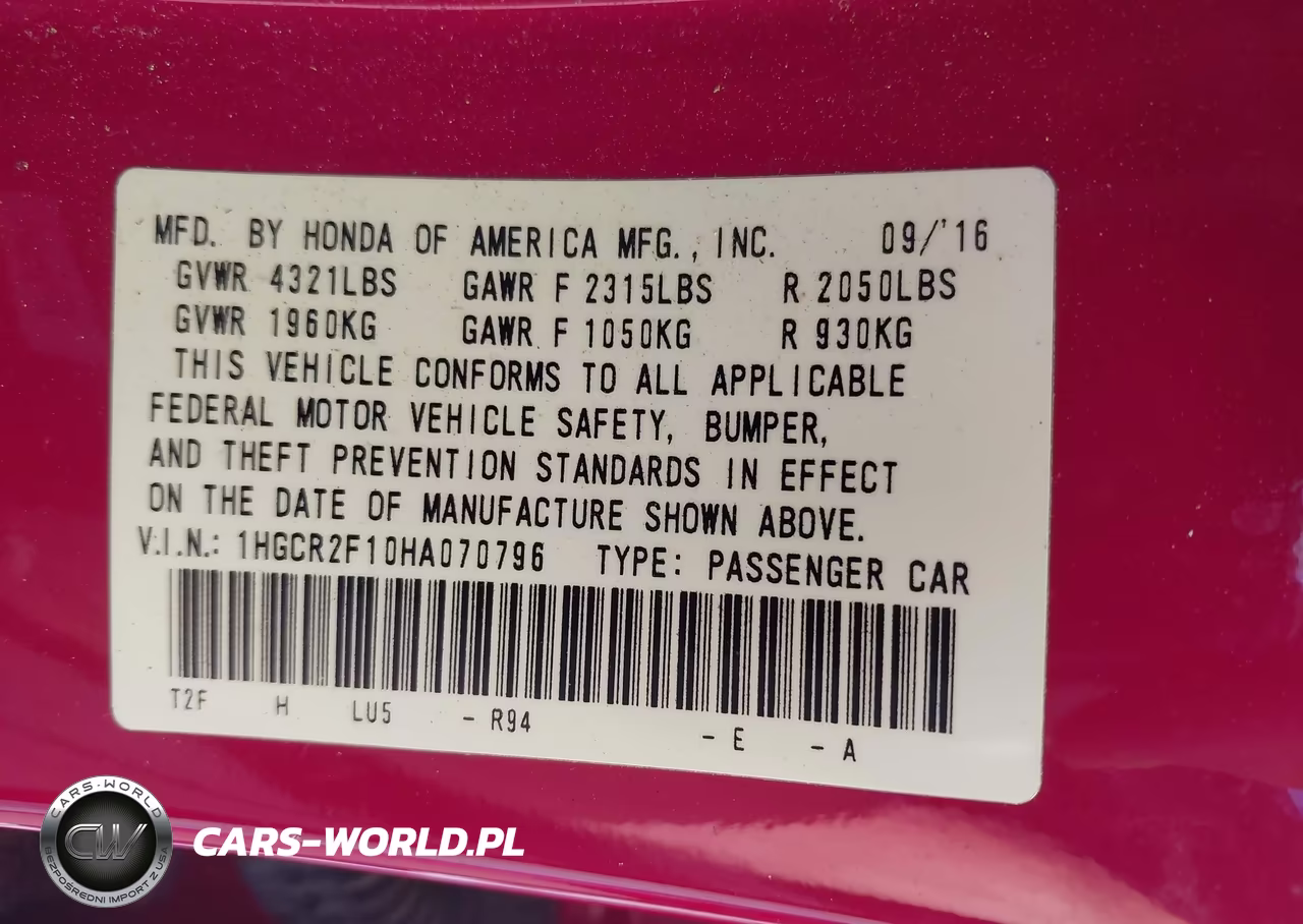 2017 Honda Accord Sport Se VIN:1HGCR2F10HA070796 - 9