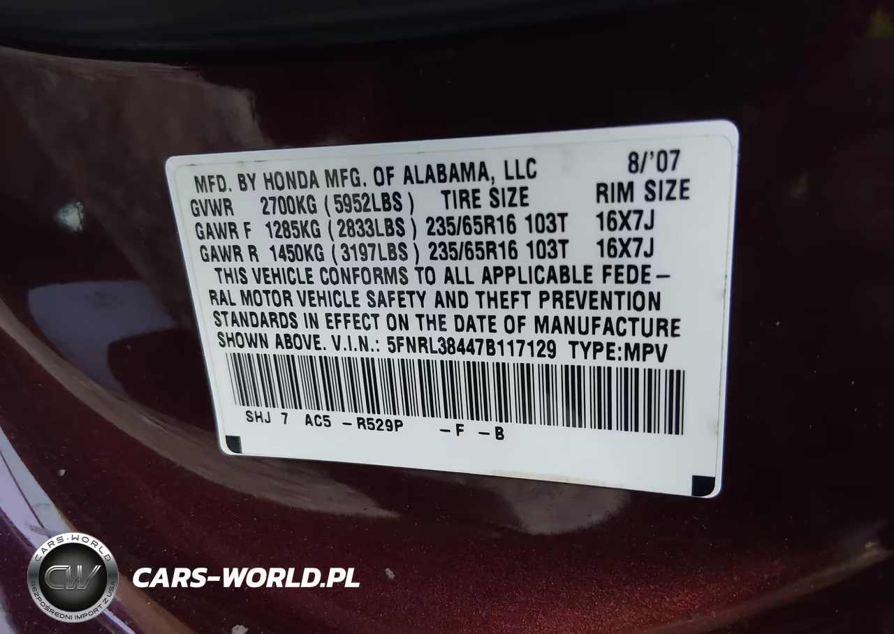 2007 Honda Odyssey Ex VIN:5FNRL38447B117129 - 9