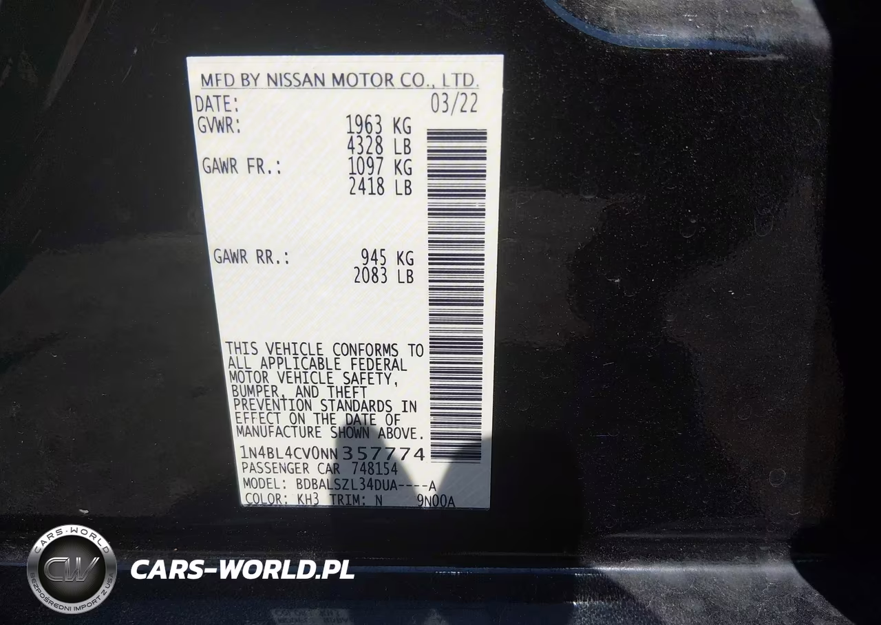 2022 Nissan Altima Sr Fwd VIN:1N4BL4CV0NN357774 - 9