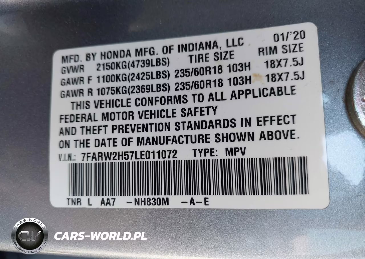 2020 Honda Cr-V Awd Ex VIN:7FARW2H57LE011072 - 9