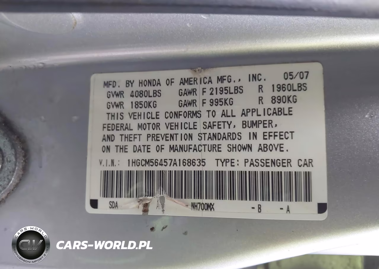 2007 Honda Accord 2.4 Lx VIN:1HGCM56457A168635 - 9