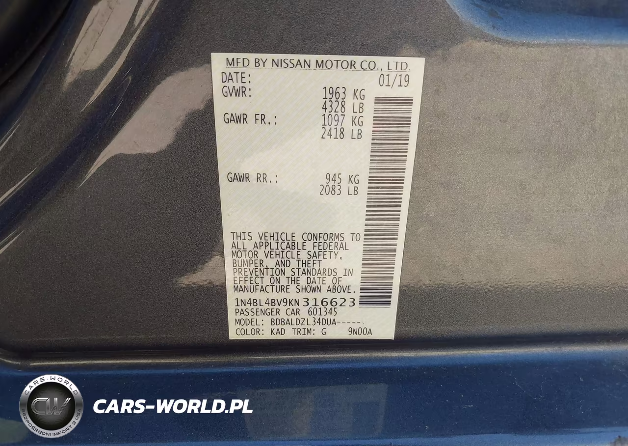 2019 Nissan Altima 2.5 S VIN:1N4BL4BV9KN316623 - 9