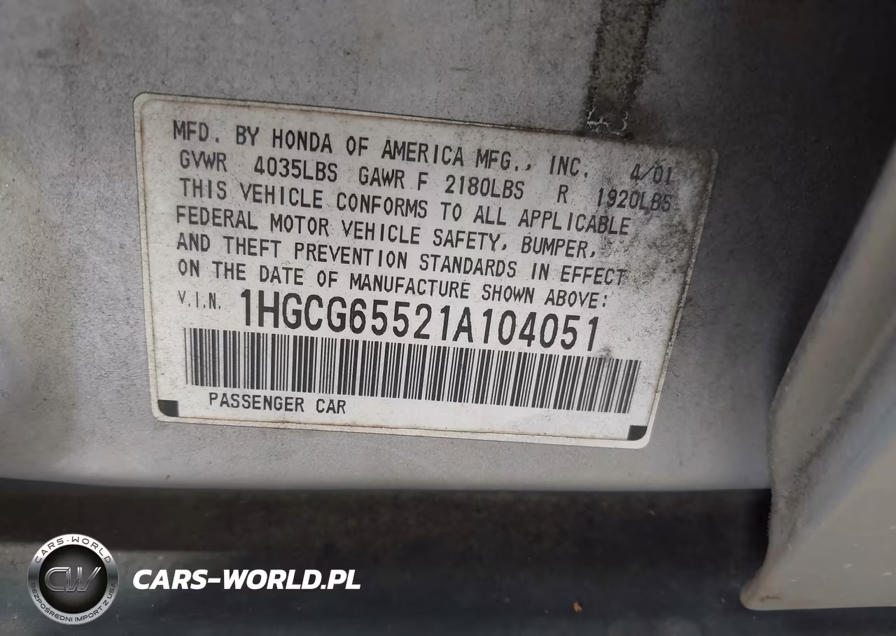 2001 Honda Accord 2.3 Lx VIN:1HGCG65521A104051 - 9
