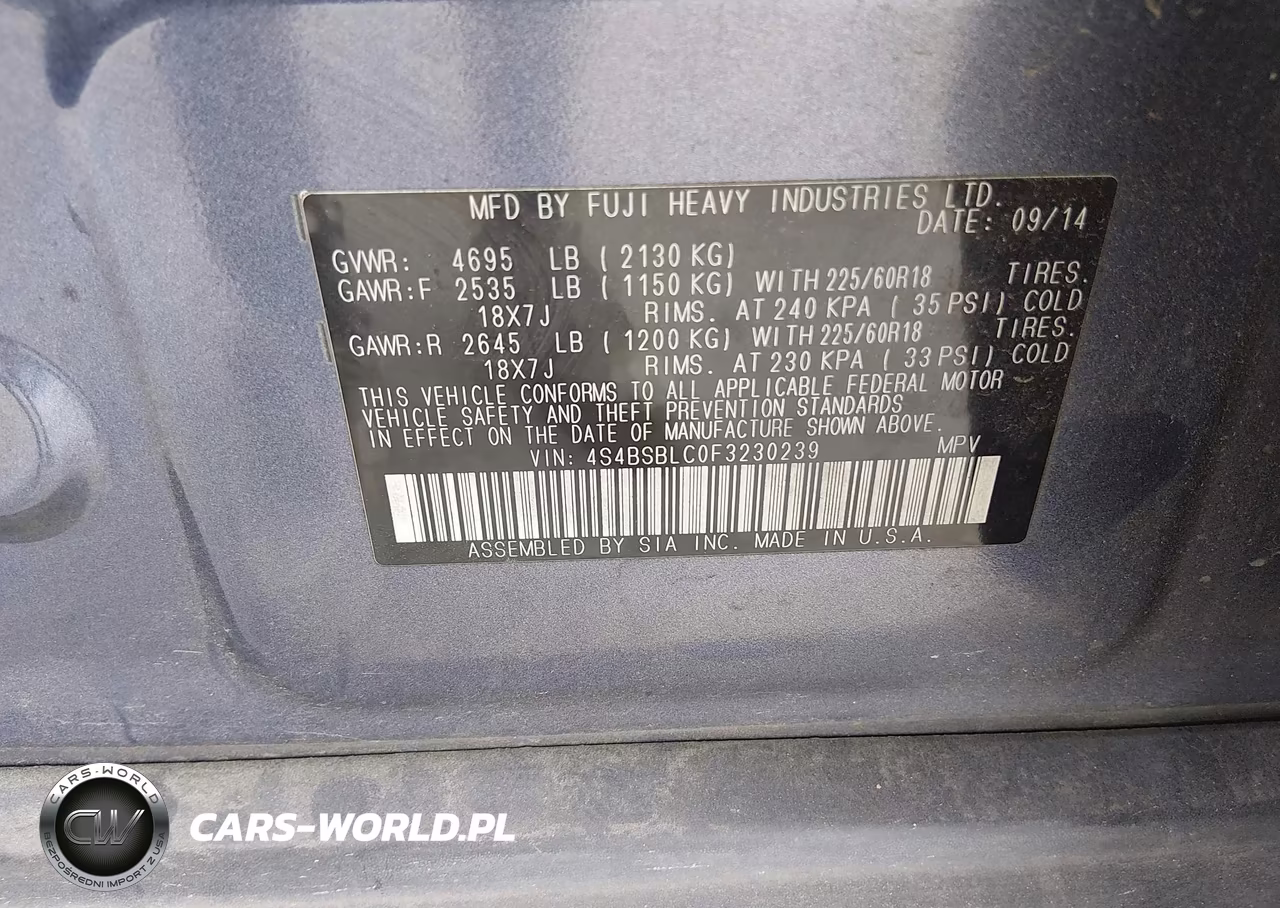 SUBARU OUTBACK 2. VIN:4S4BSBLC0F3230239 - 9