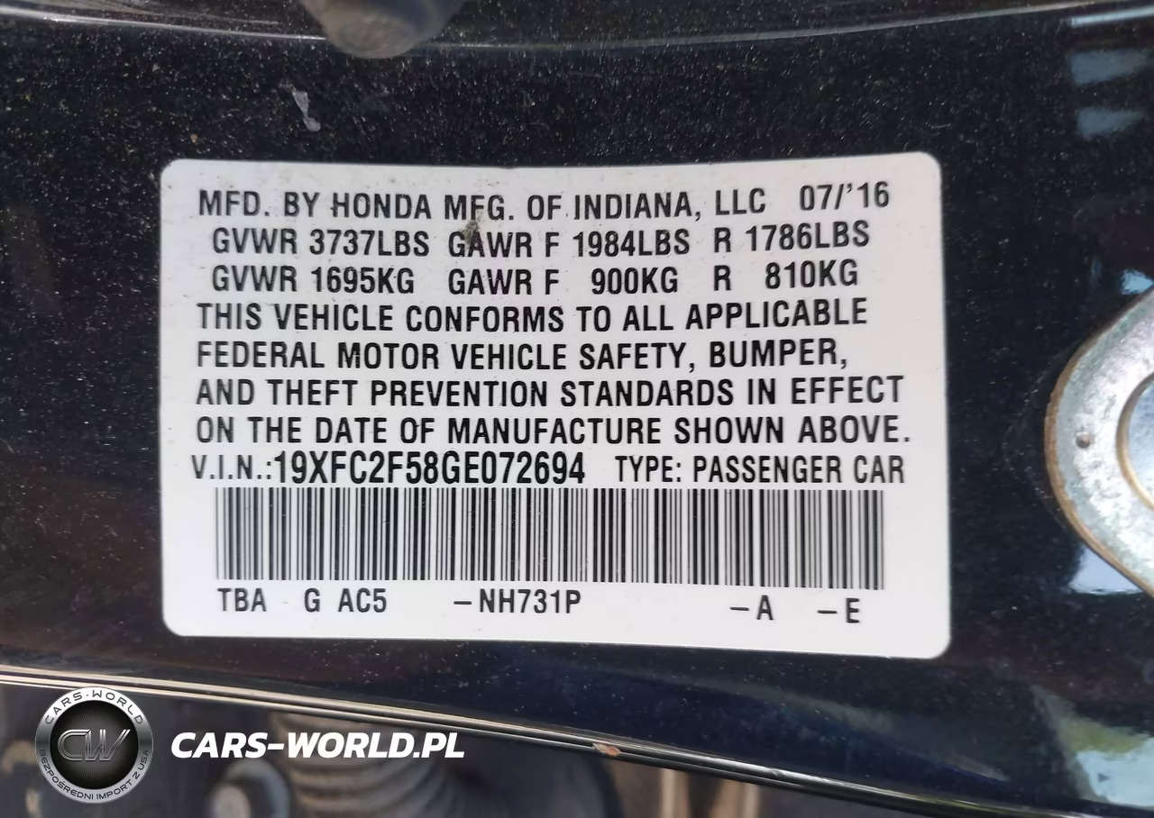 2016 Honda Civic Lx VIN:19XFC2F58GE072694 - 9