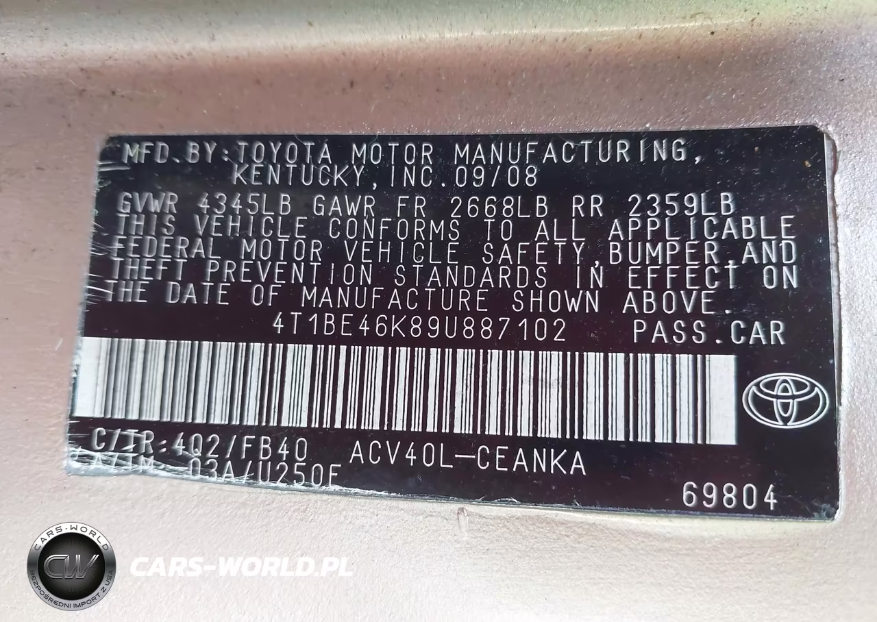 2009 Toyota Camry Le VIN:4T1BE46K89U887102 - 9