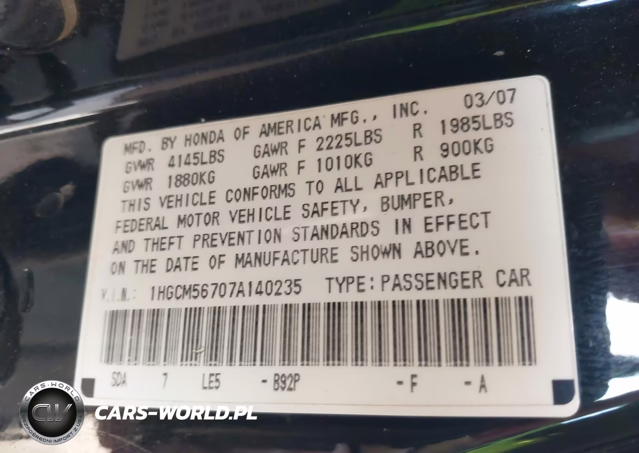 2007 Honda Accord 2.4 Ex VIN:1HGCM56707A140235 - 9