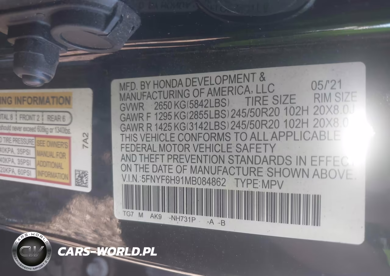 2021 Honda Pilot Awd Touring 8 Passenger VIN:5FNYF6H91MB084862 - 9