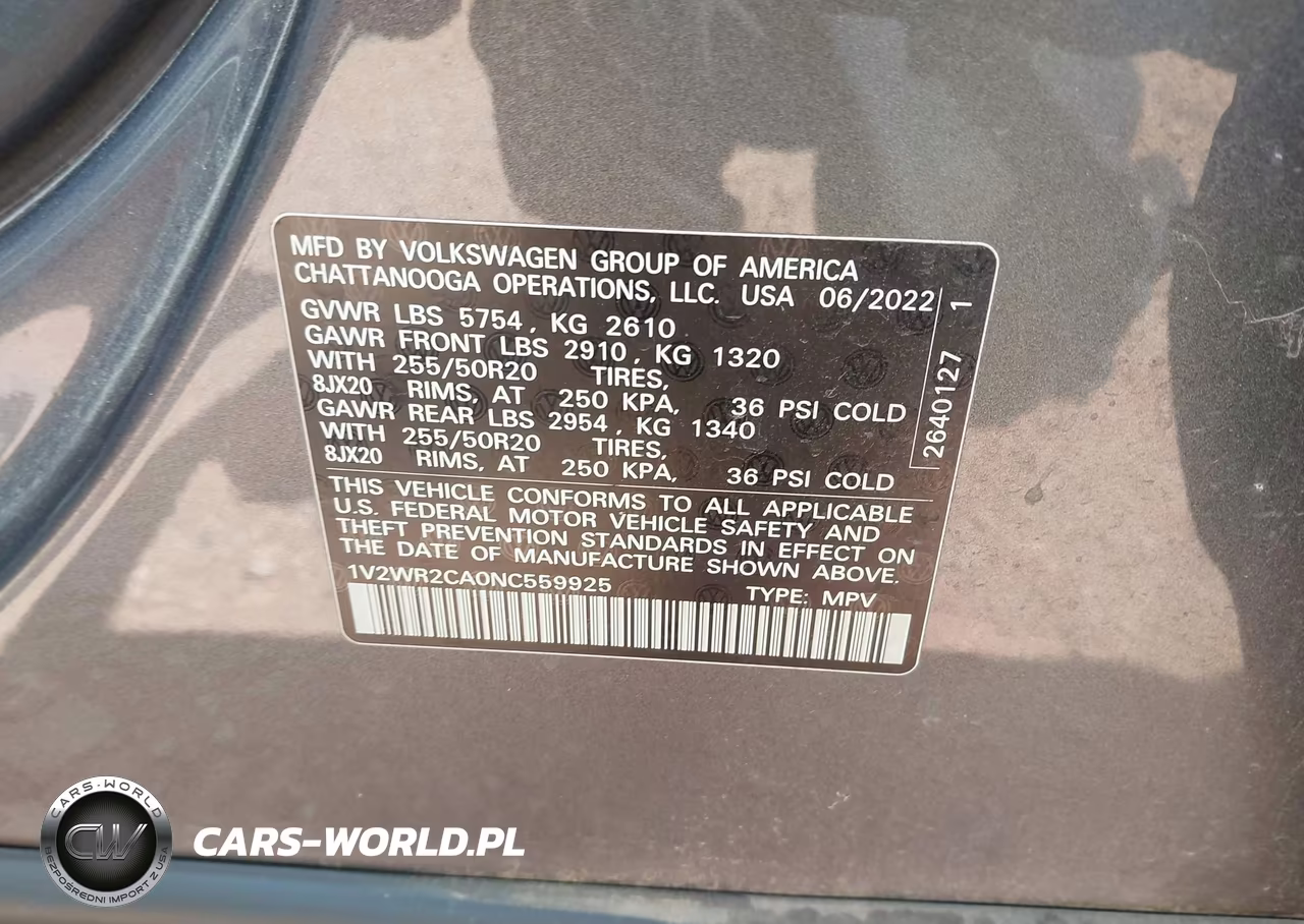 2022 Volkswagen Atlas 3.6L V6 Se W-Technology VIN:1V2WR2CA0NC559925 - 9