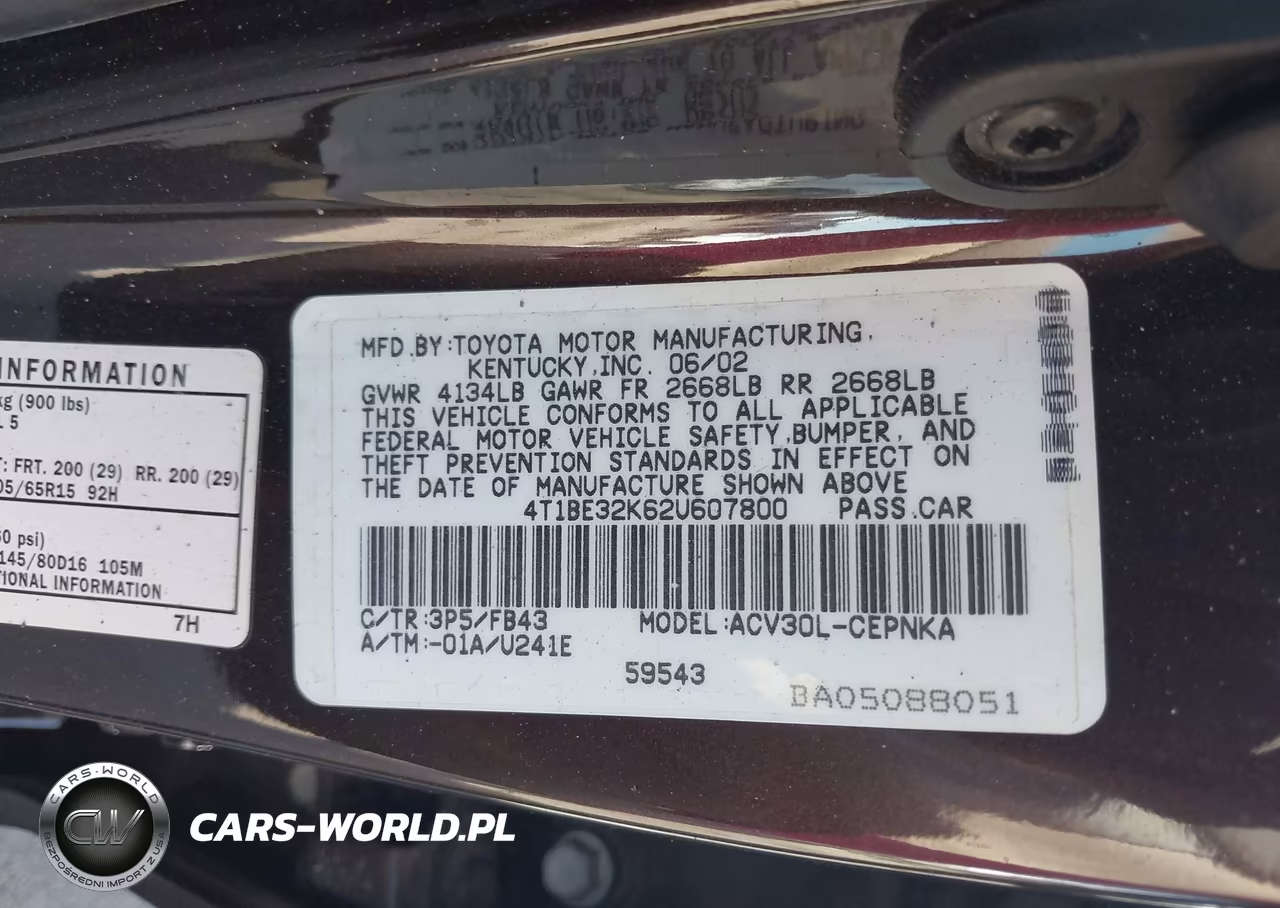 2002 Toyota Camry Le VIN:4T1BE32K62U607800 - 9