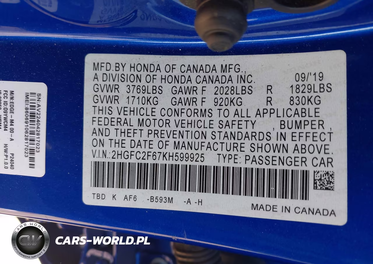 2019 Honda Civic Lx VIN:2HGFC2F67KH599925 - 9
