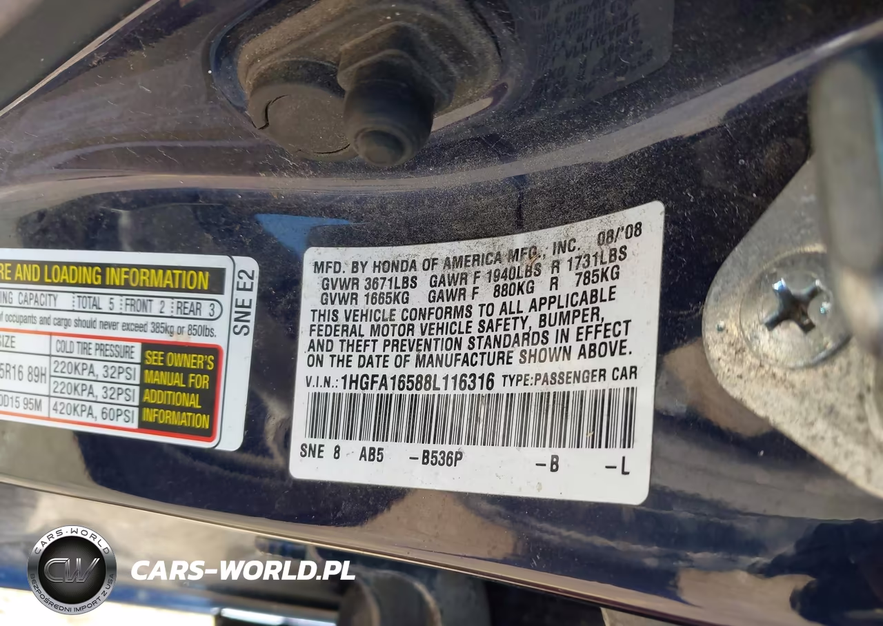 2008 Honda Civic Lx VIN:1HGFA16588L116316 - 9