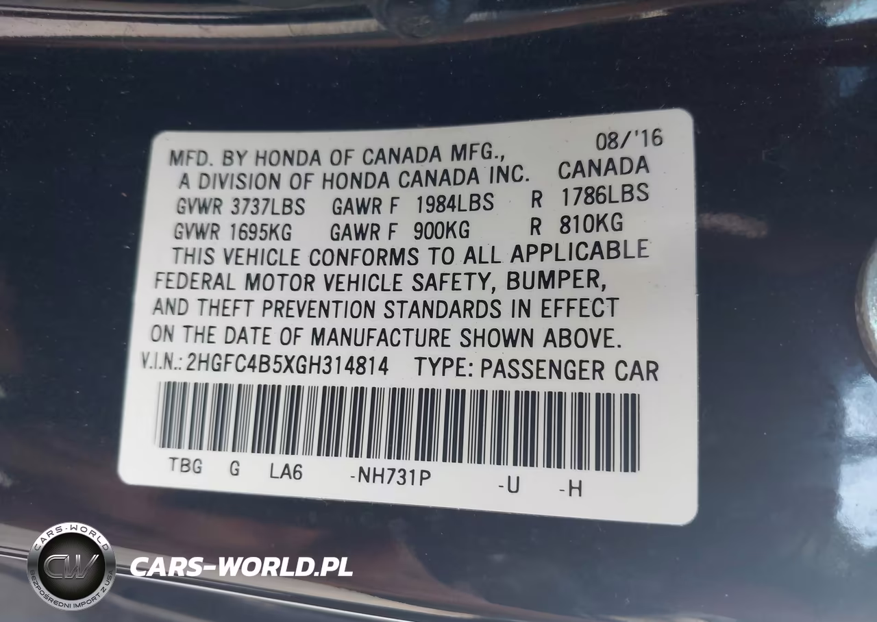 2016 Honda Civic Lx VIN:2HGFC4B5XGH314814 - 9