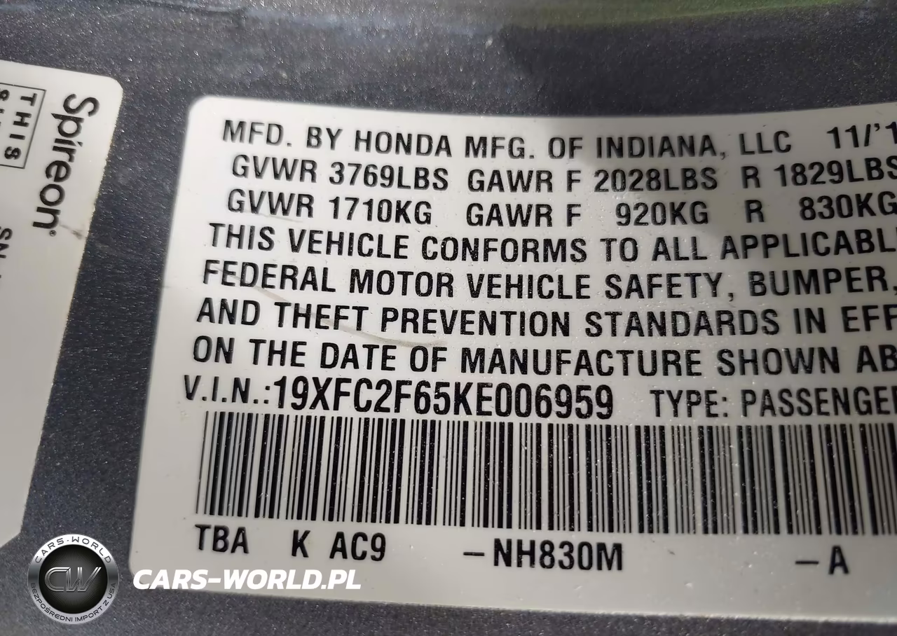 2019 Honda Civic Lx VIN:19XFC2F65KE006959 - 9