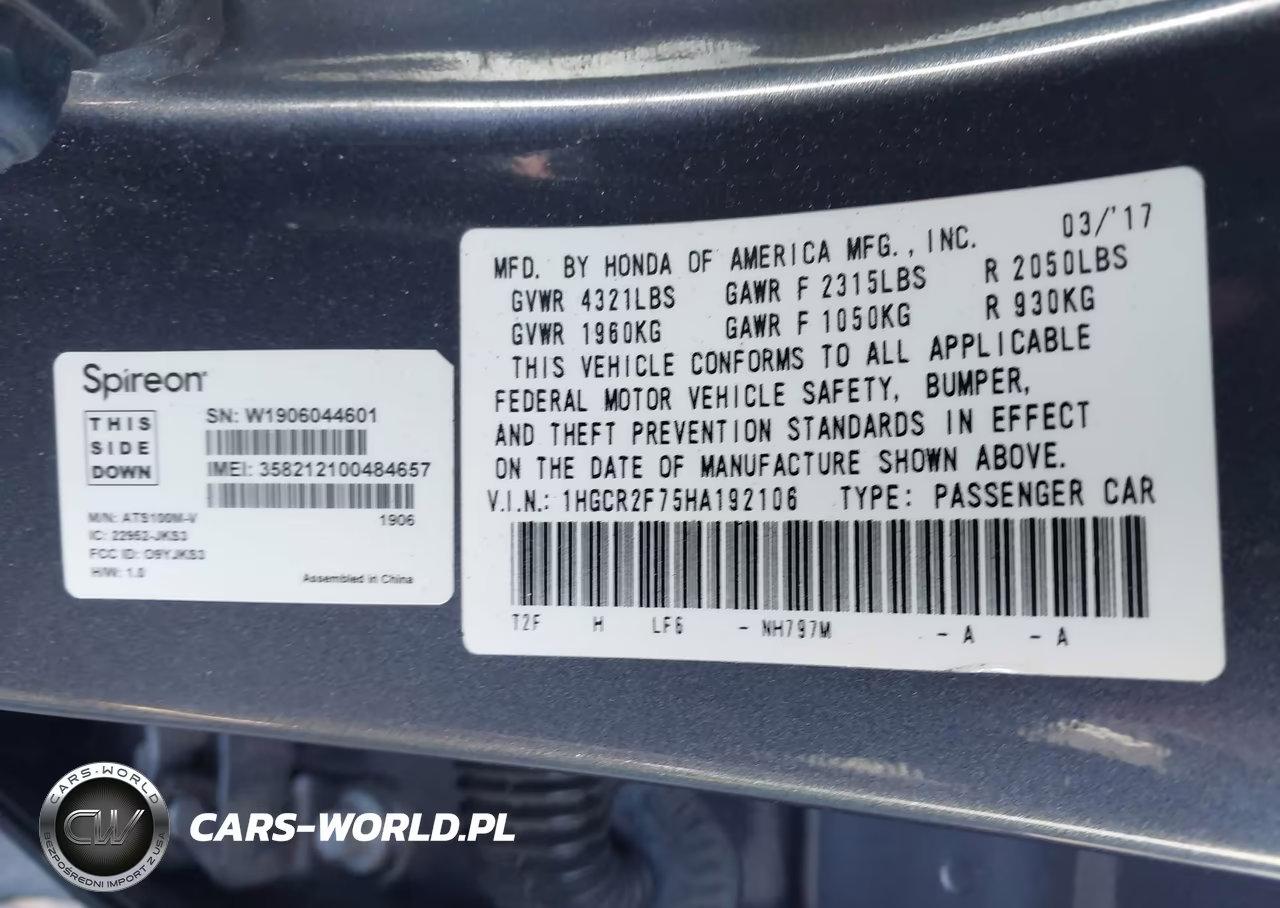 2017 Honda Accord Ex VIN:1HGCR2F75HA192106 - 9