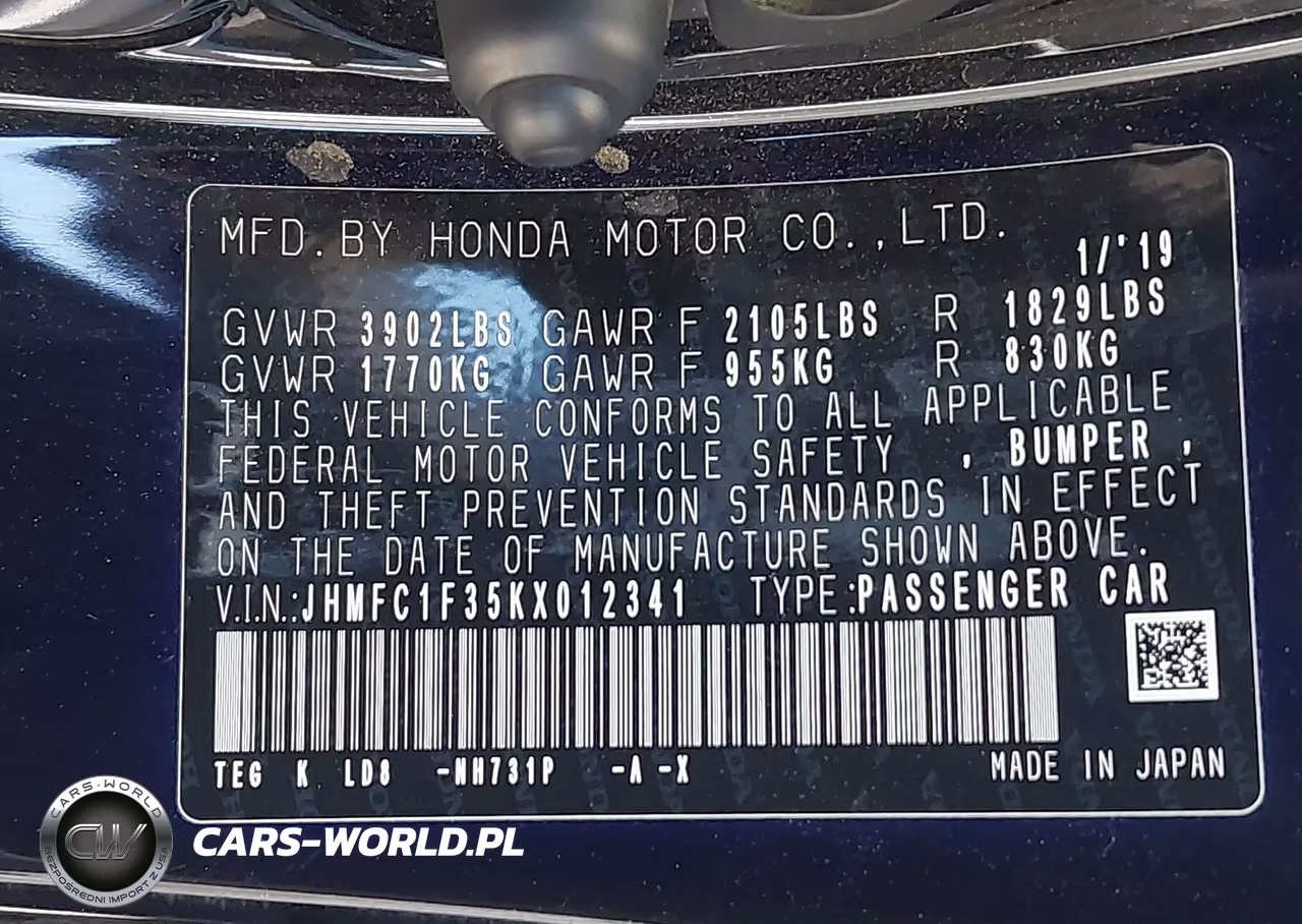2019 Honda Civic Ex VIN:JHMFC1F35KX012341 - 9