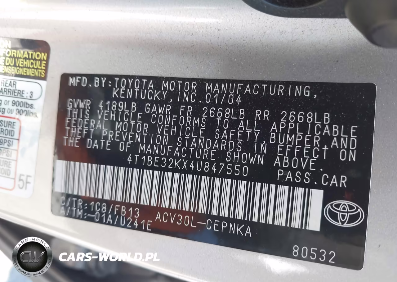 2004 Toyota Camry Le VIN:4T1BE32KX4U847550 - 9