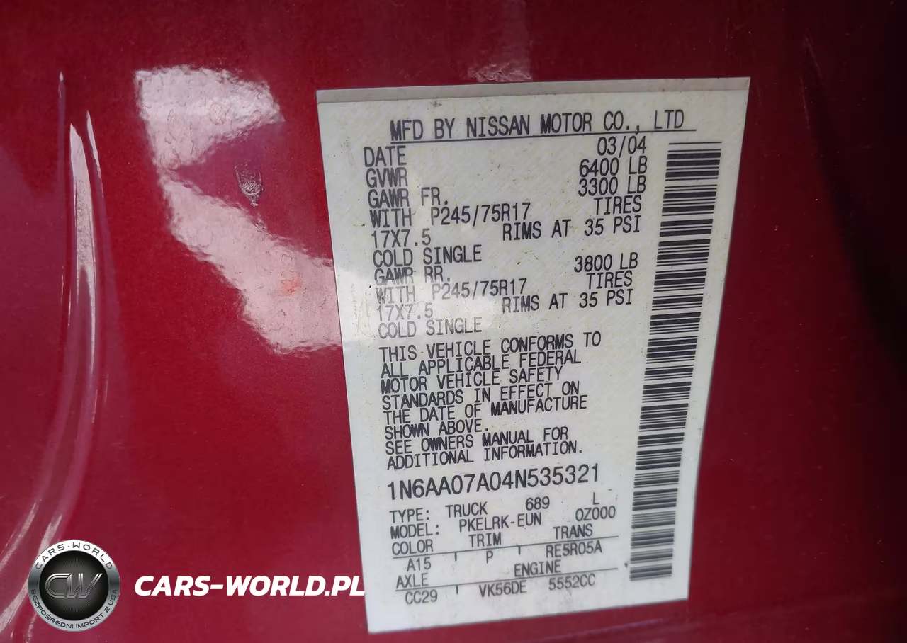 2004 Nissan Titan Xe VIN:1N6AA07A04N535321 - 9