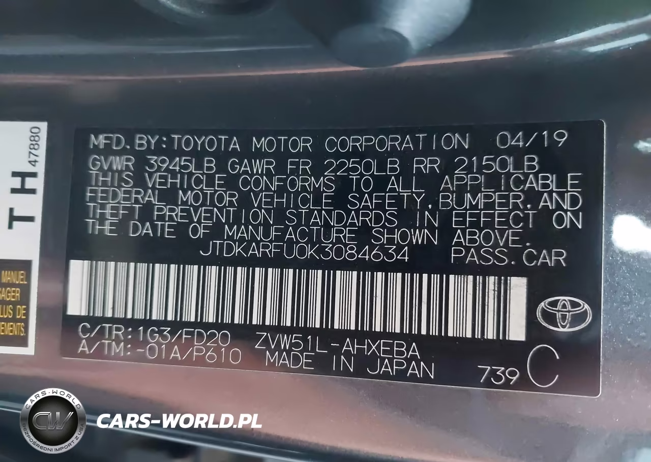 2019 Toyota Prius Le VIN:JTDKARFU0K3084634 - 9