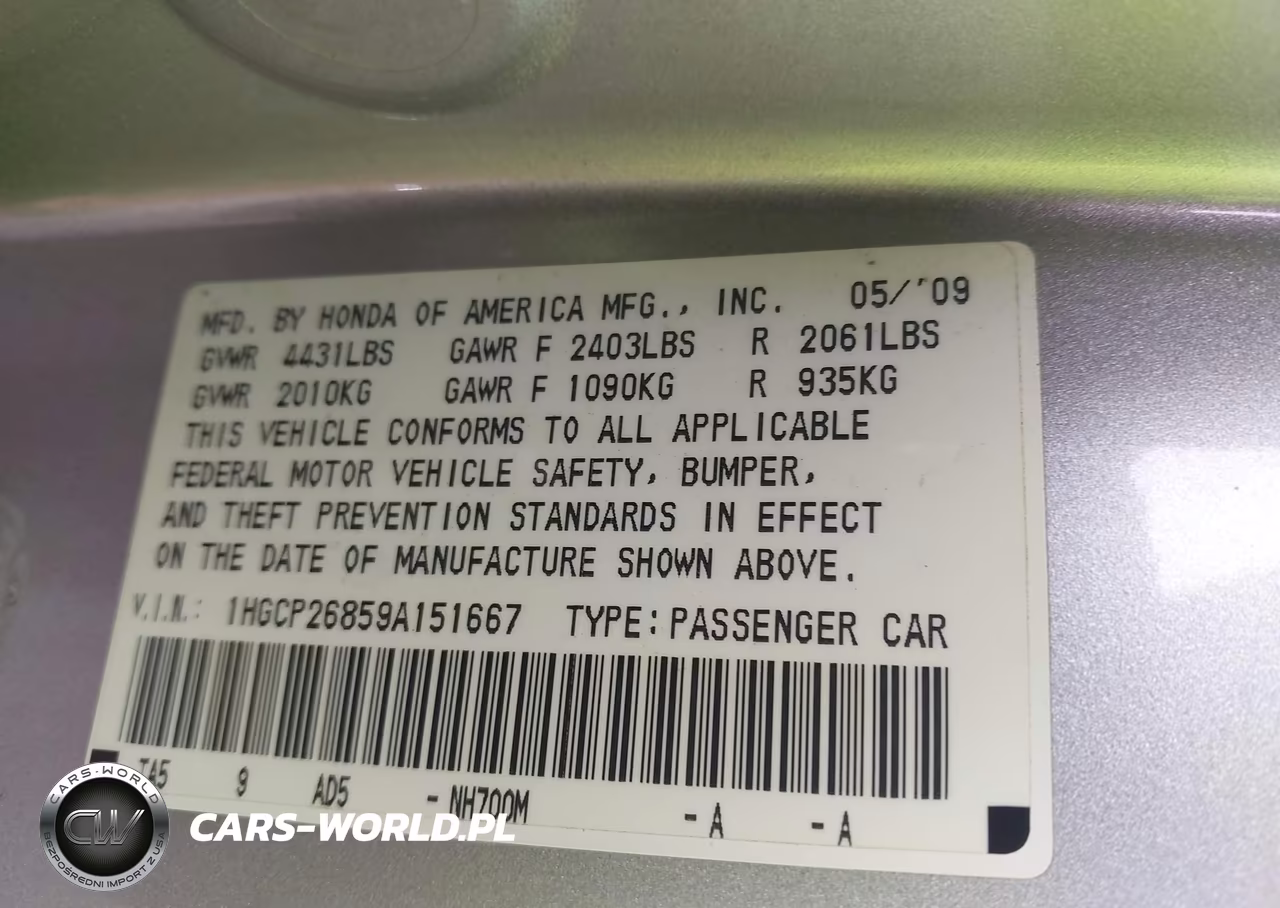2009 Honda Accord 2.4 Ex-L VIN:1HGCP26859A151667 - 9