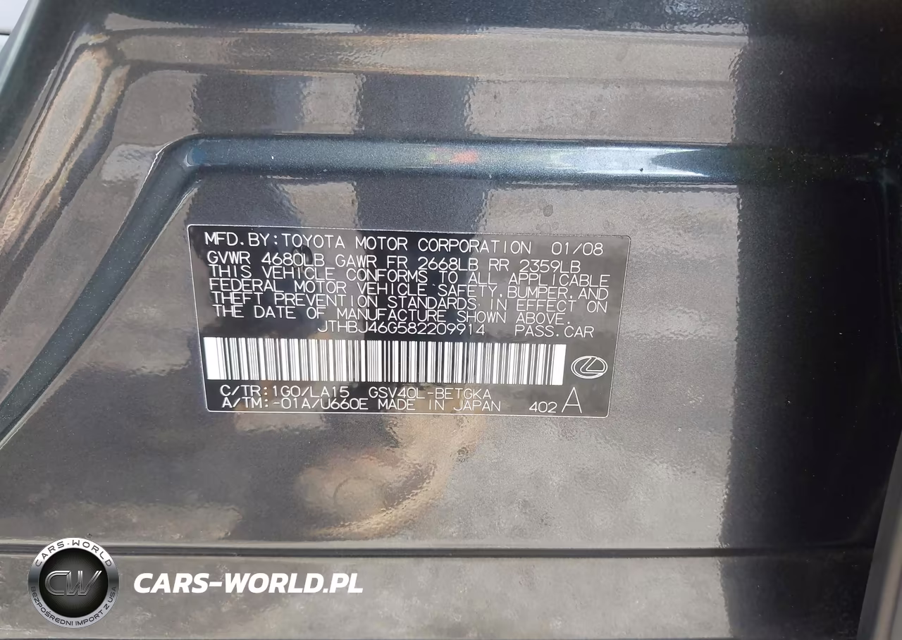 2008 Lexus Es 350 VIN:JTHBJ46G582209914 - 9