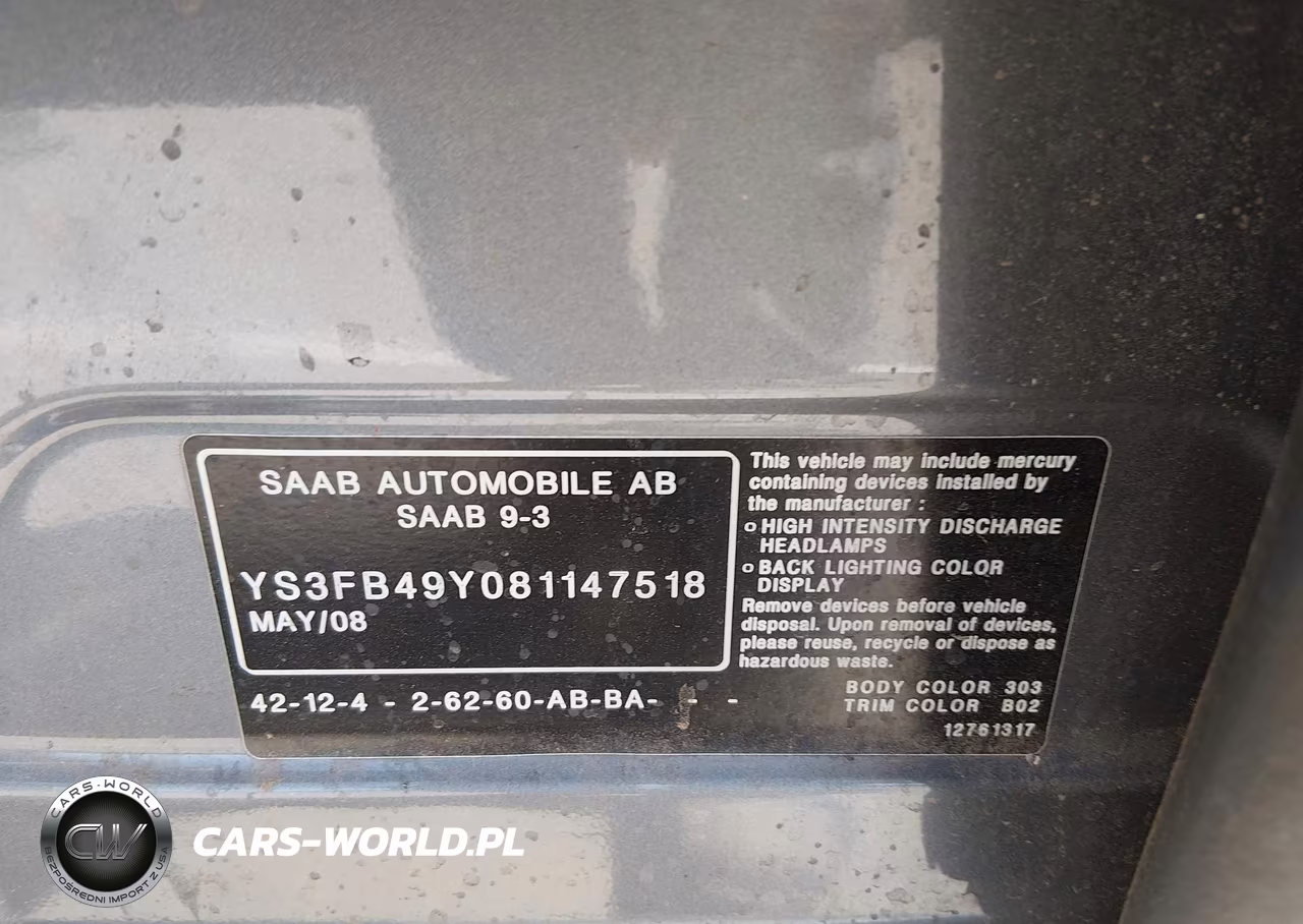 2008 Saab 9-3 2.0T VIN:YS3FB49Y081147518 - 9