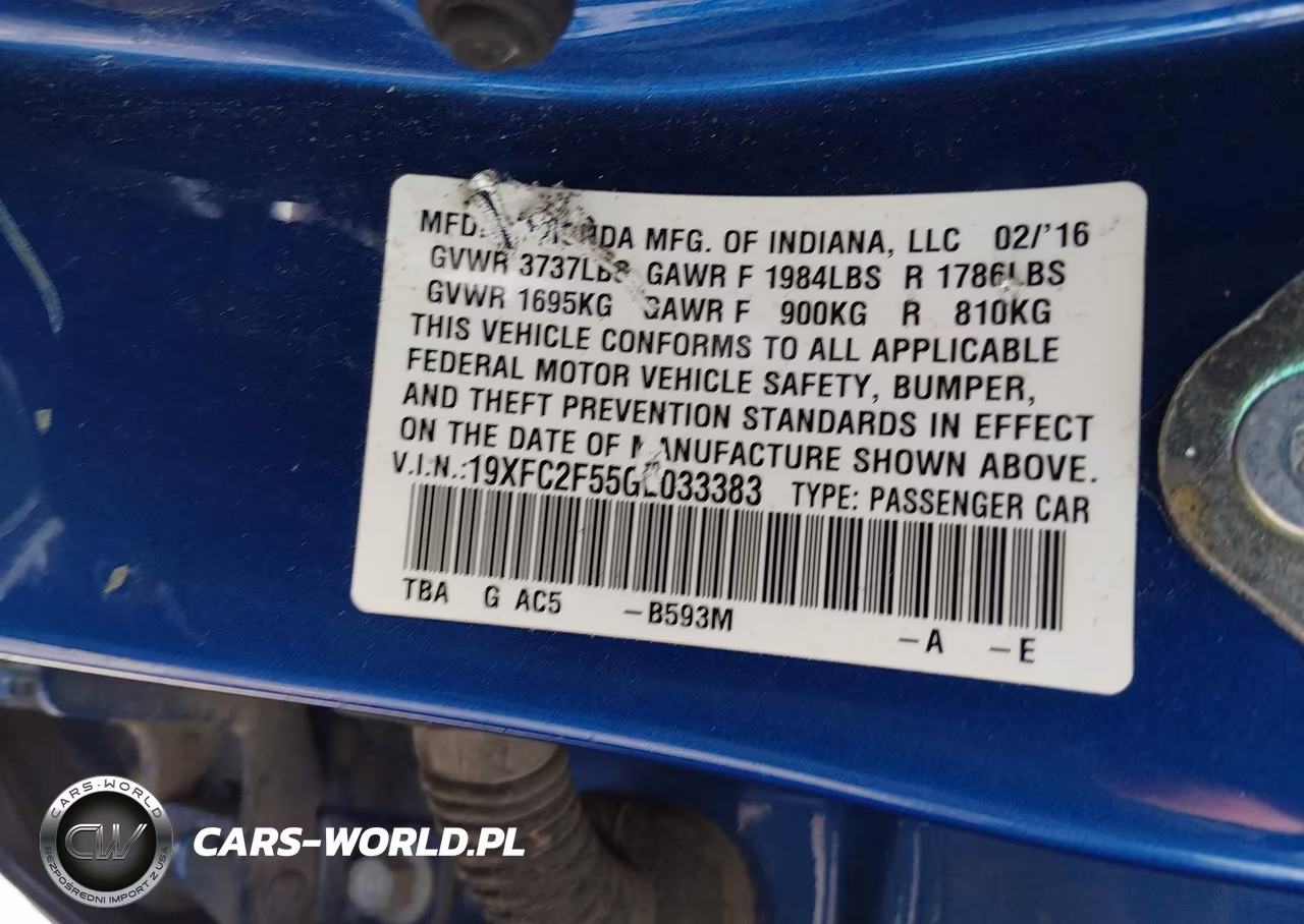 2016 Honda Civic Lx VIN:19XFC2F55GE033383 - 9