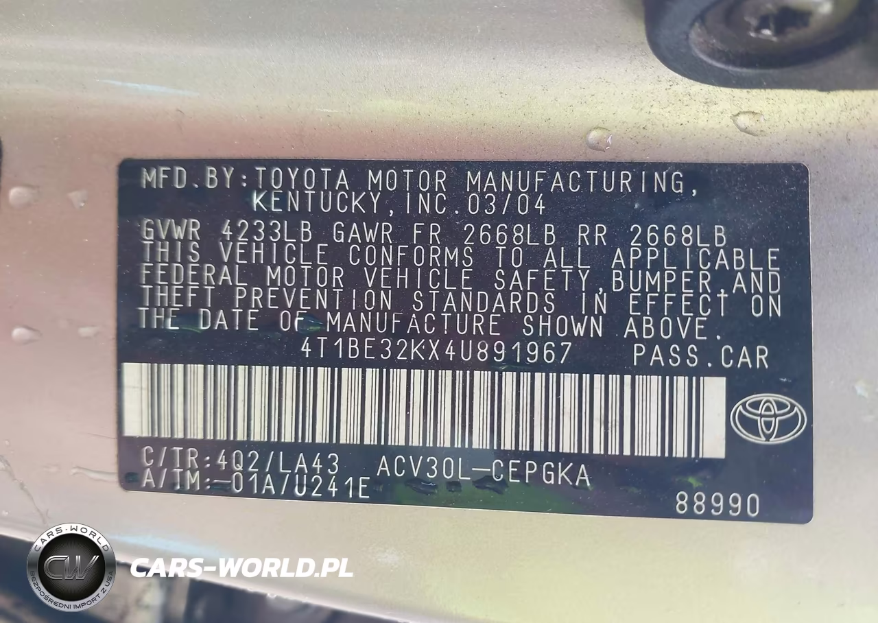 2004 Toyota Camry Xle VIN:4T1BE32KX4U891967 - 9