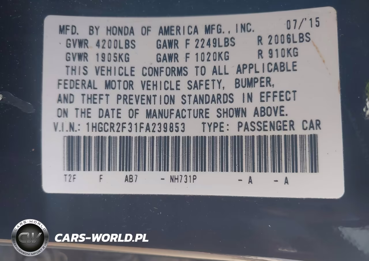 2015 Honda Accord Lx VIN:1HGCR2F31FA239853 - 9