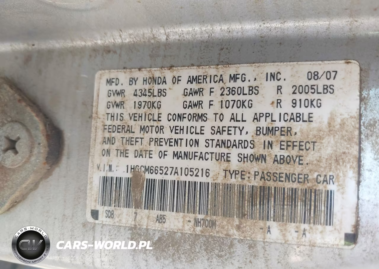 2007 Honda Accord 3.0 Ex VIN:1HGCM66527A105216 - 9