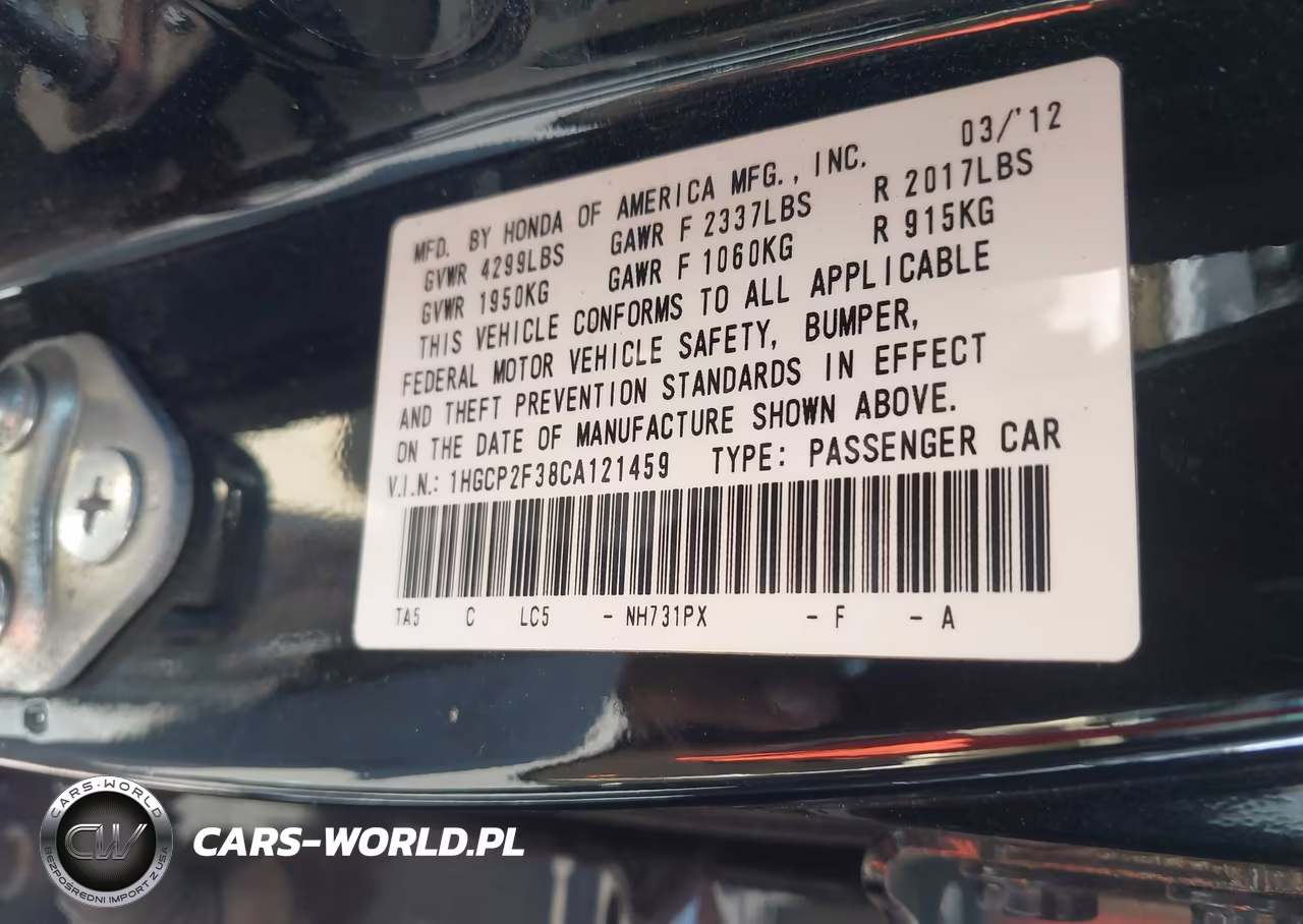 2012 Honda Accord 2.4 Lx VIN:1HGCP2F38CA121459 - 9
