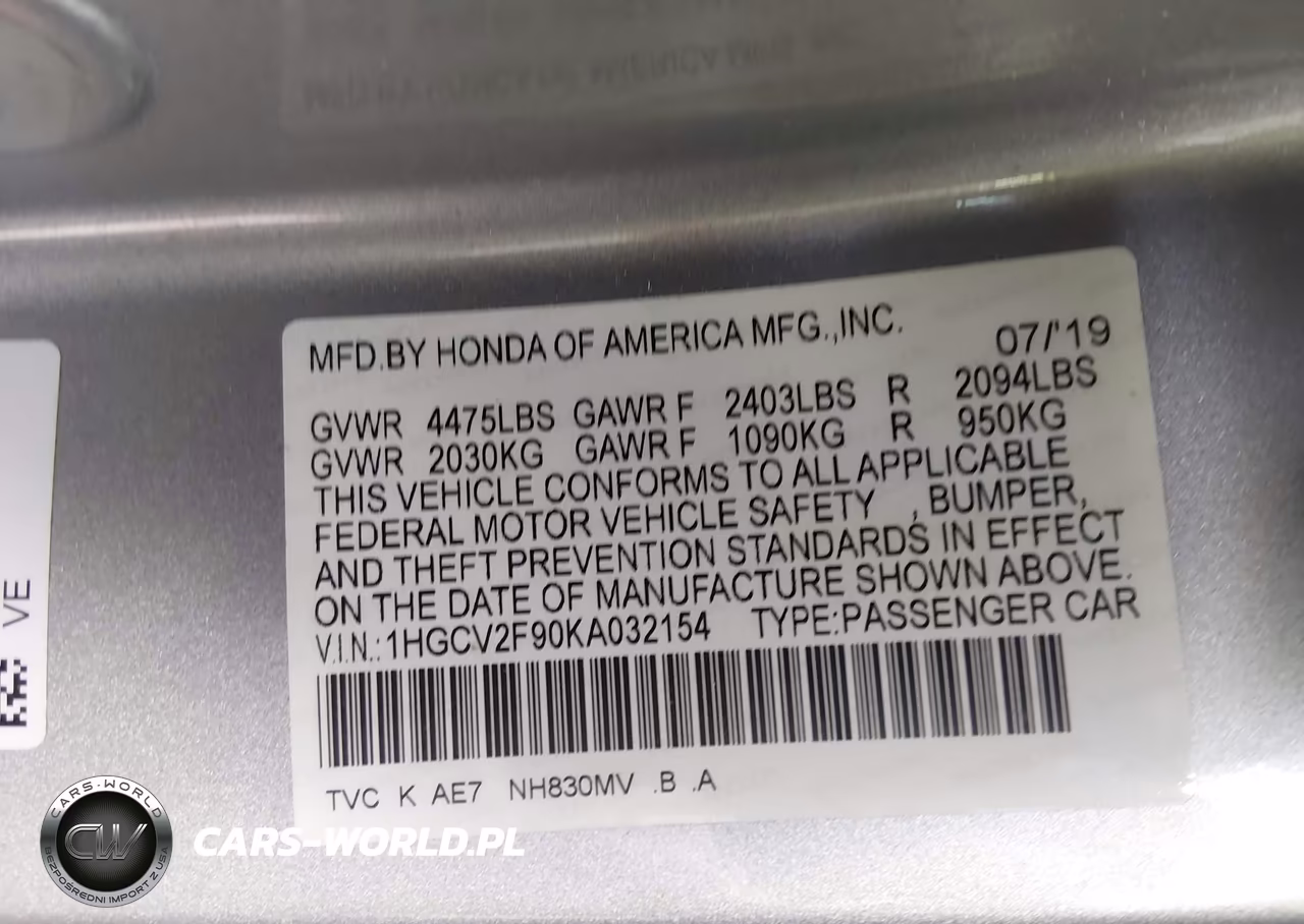2019 Honda Accord Touring 2.0T VIN:1HGCV2F90KA032154 - 9